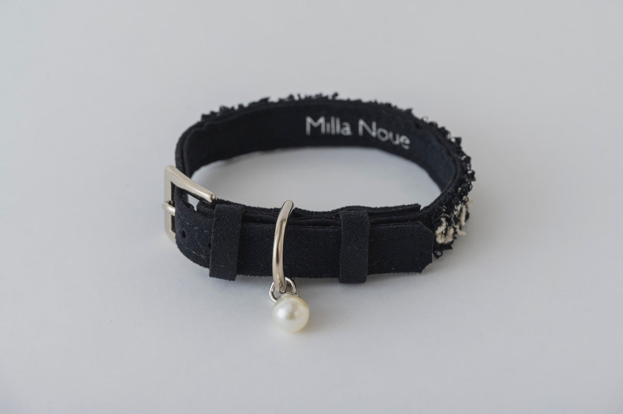 Black Tweed & Eco-Suede Dog Collar | Pearl Charm