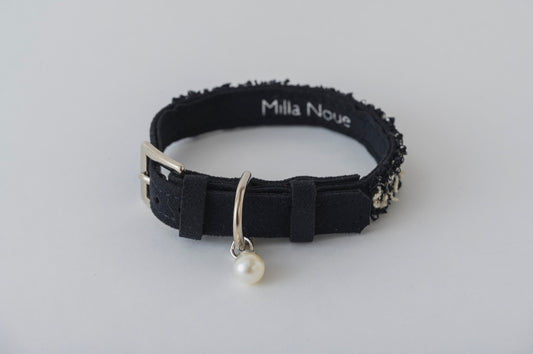 Black Tweed & Eco-Suede Dog Collar | Pearl Charm