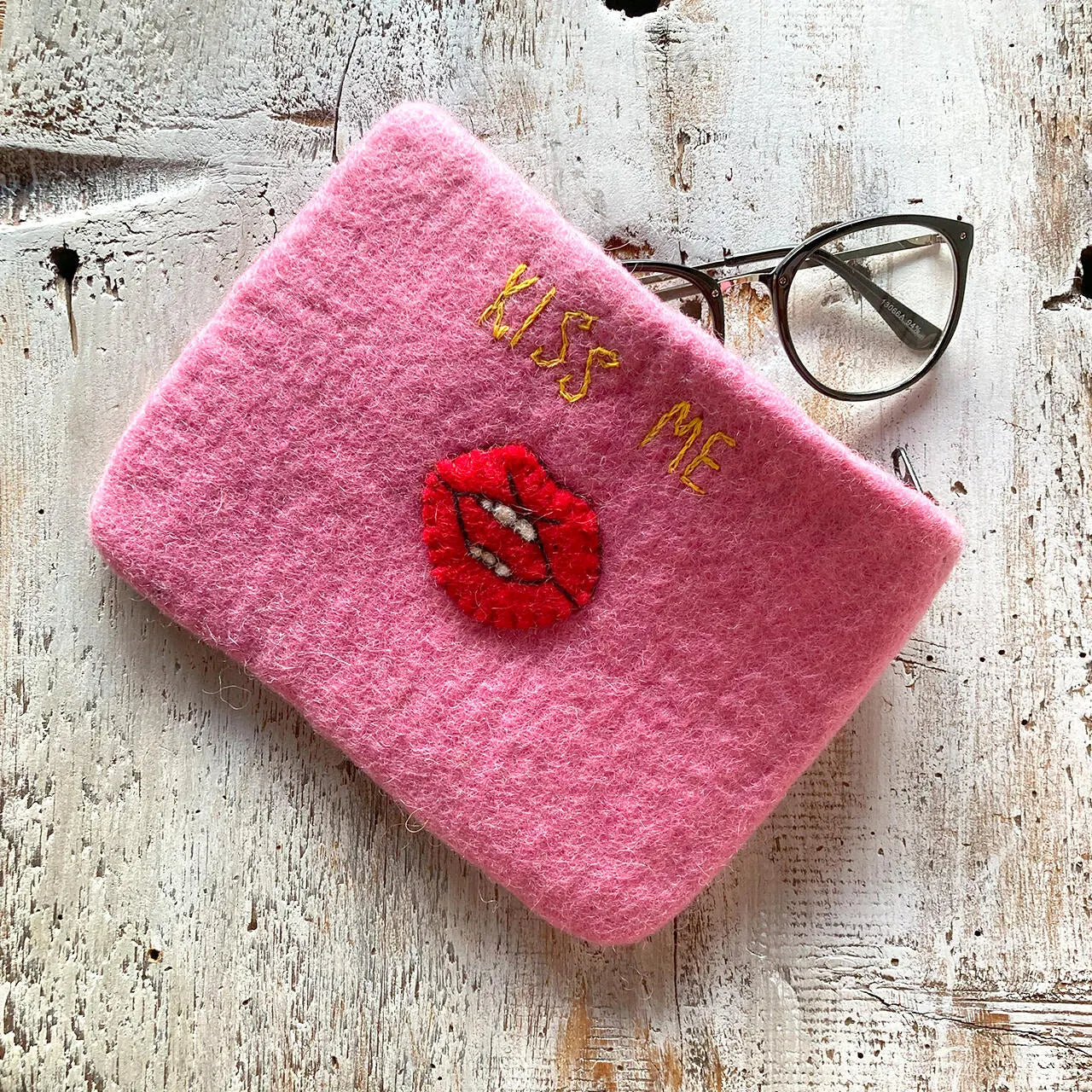 Handmade Felt Pouch - KISS ME