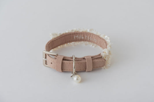 Beige Tweed & Eco-Suede Dog Collar | Pearl Charm